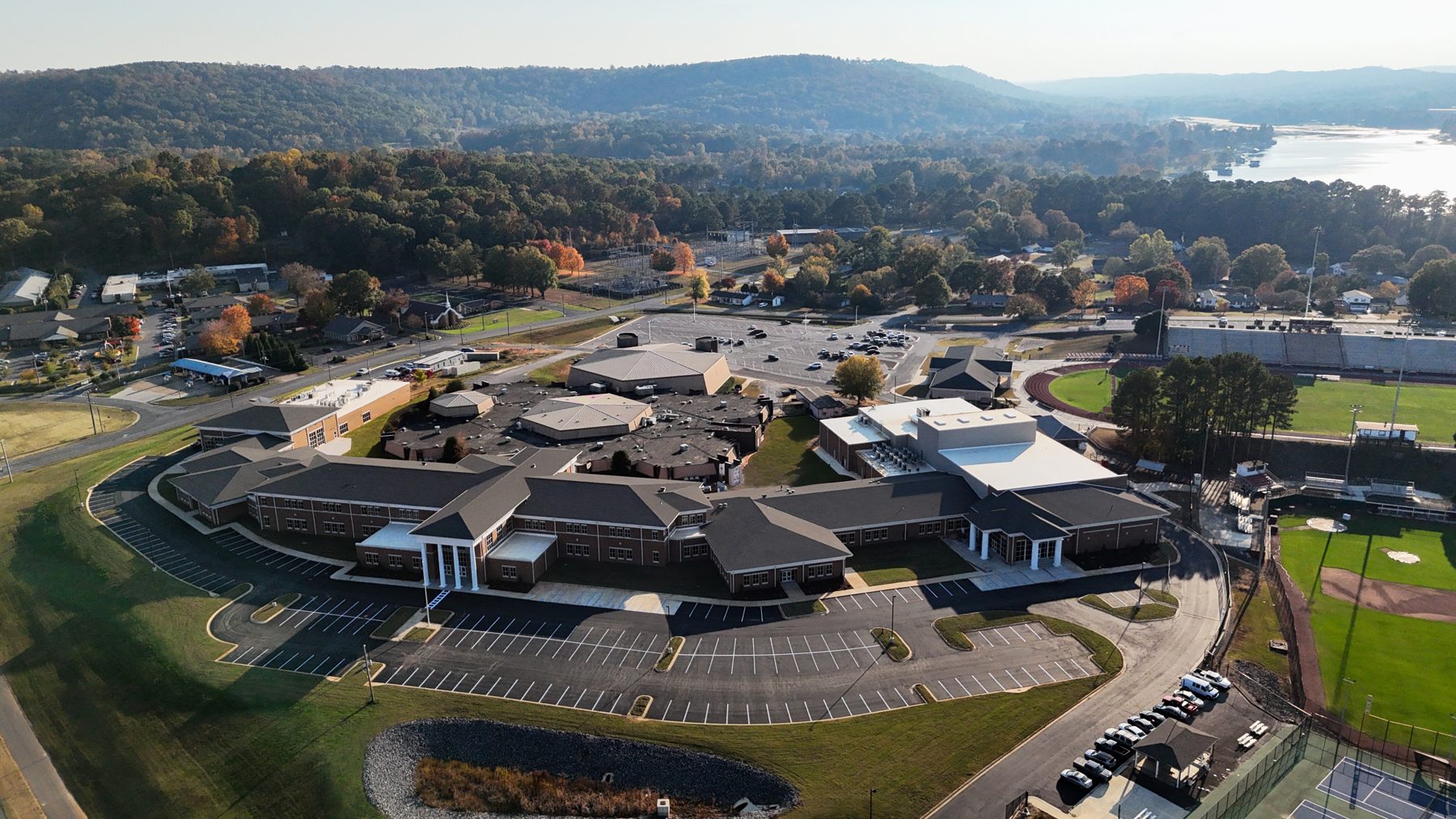 Guntersville High School aerial with Lake Guntersville beyond
